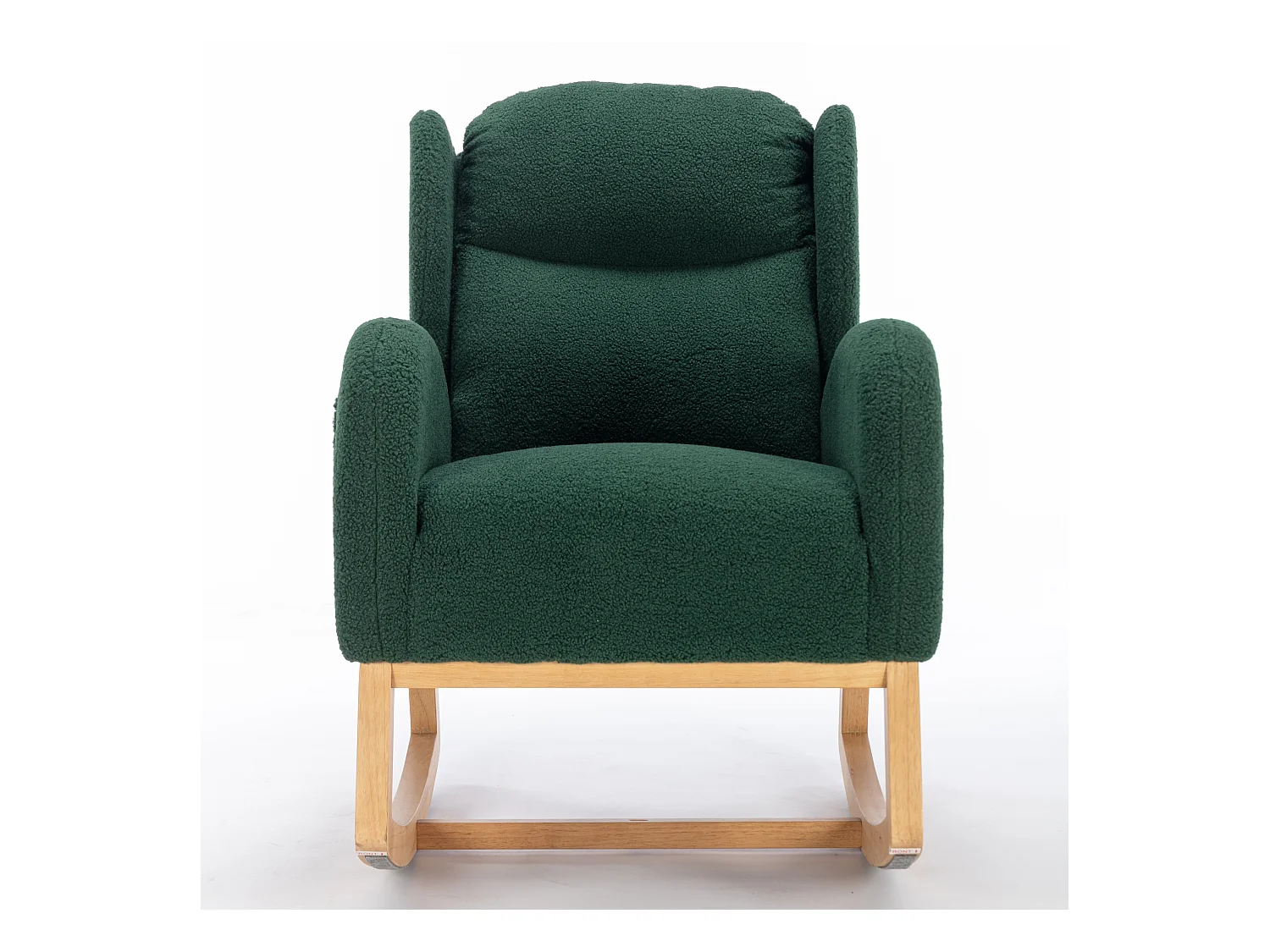 Rocking chair en tissu Teddy vert avec poches latérales, structure en bois, 96,5 x 71 x 101 cm