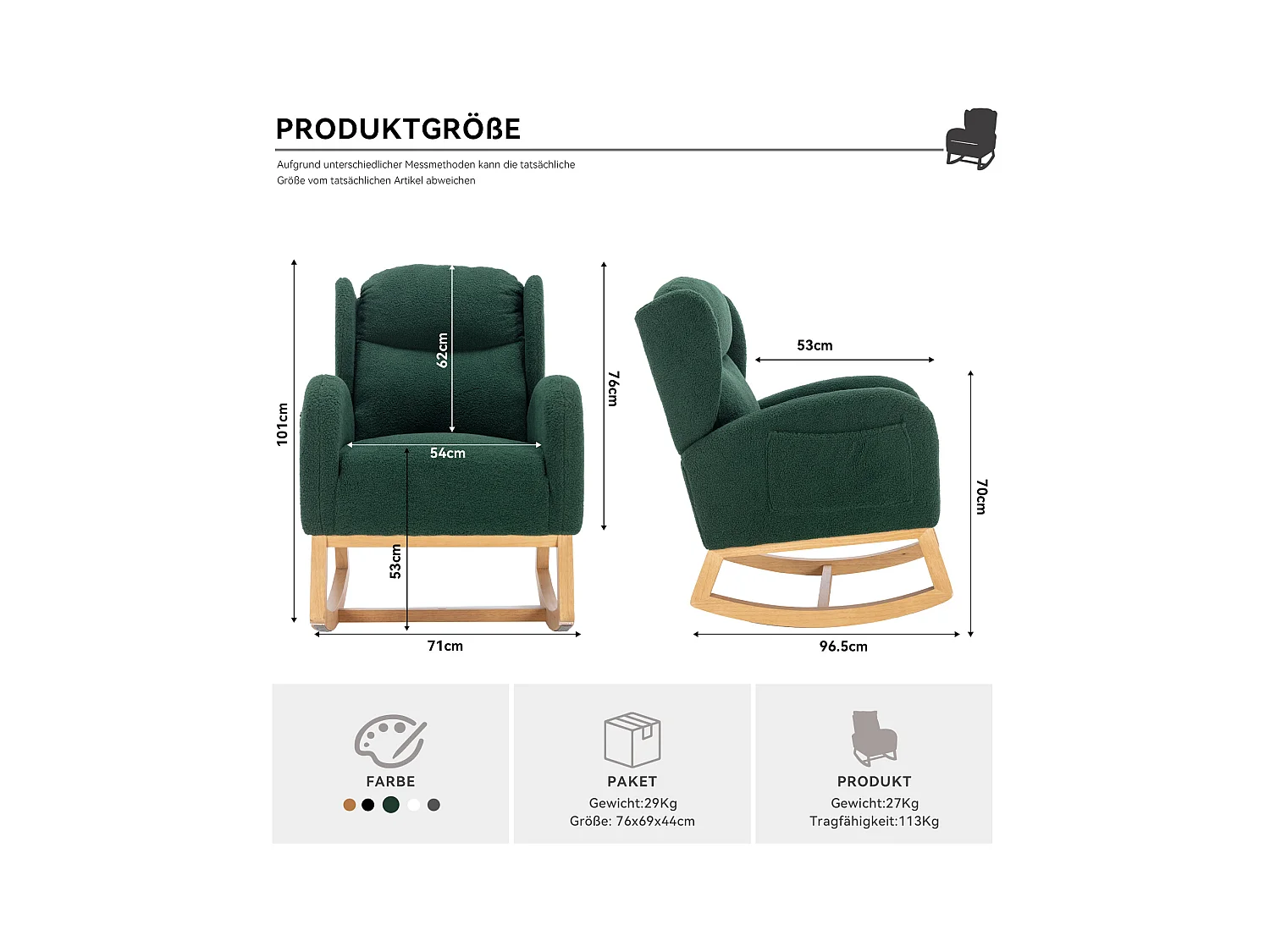 Rocking chair en tissu Teddy vert avec poches latérales, structure en bois, 96,5 x 71 x 101 cm
