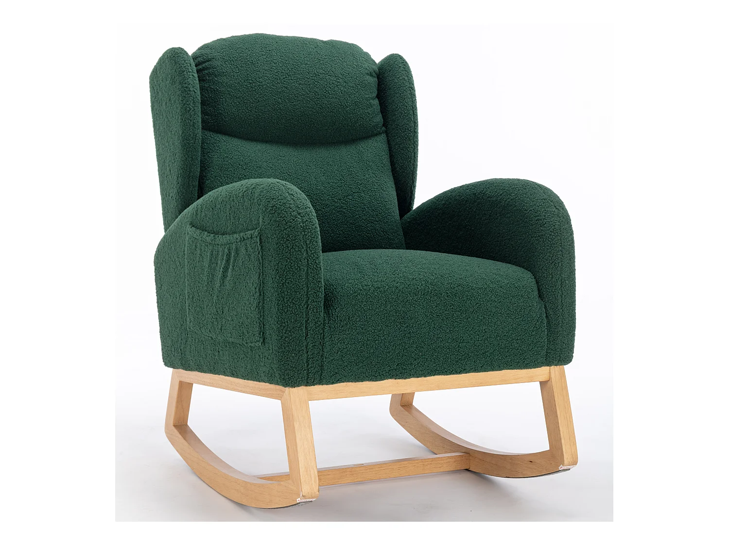 Rocking chair en tissu Teddy vert avec poches latérales, structure en bois, 96,5 x 71 x 101 cm