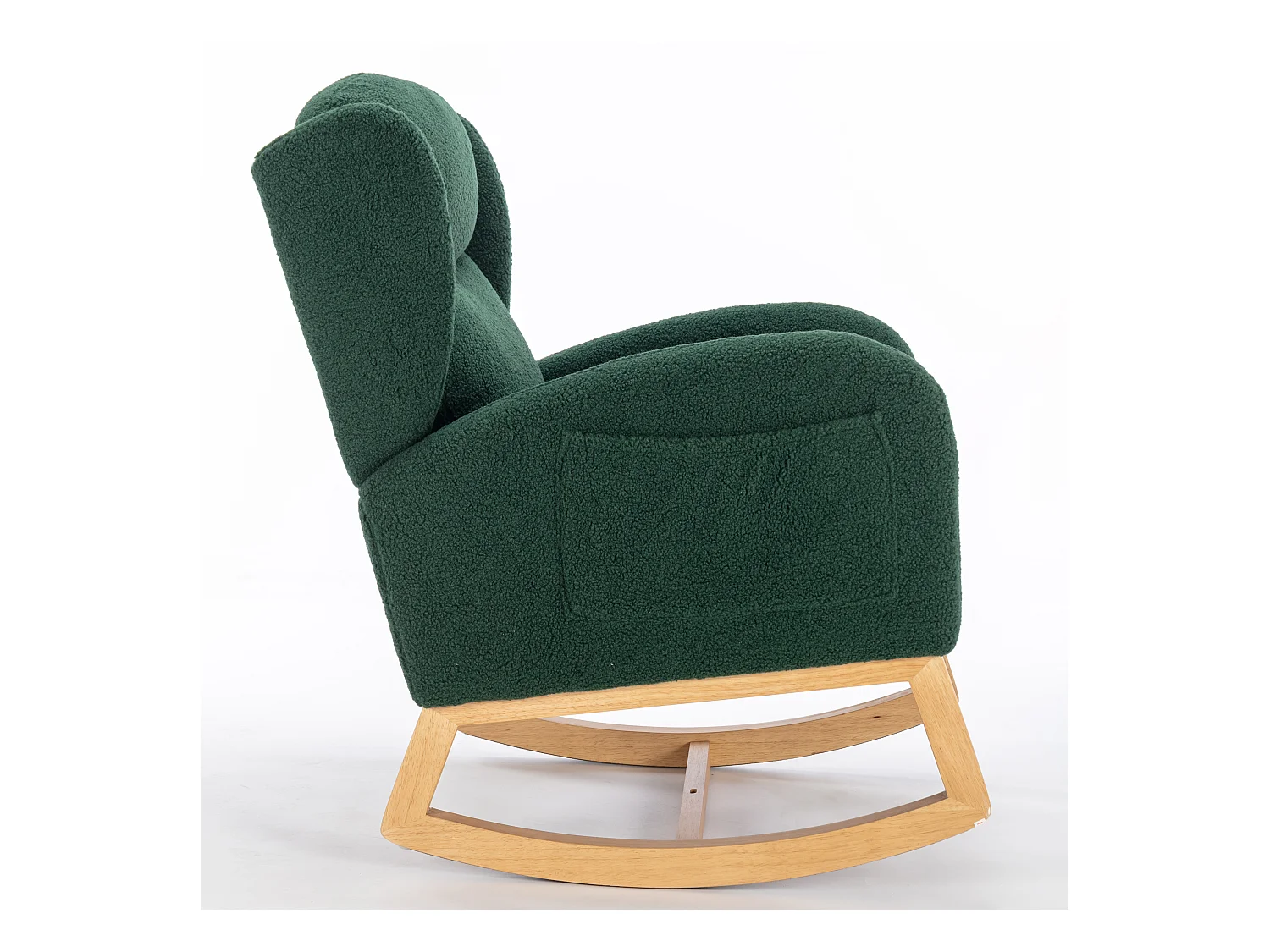Rocking chair en tissu Teddy vert avec poches latérales, structure en bois, 96,5 x 71 x 101 cm
