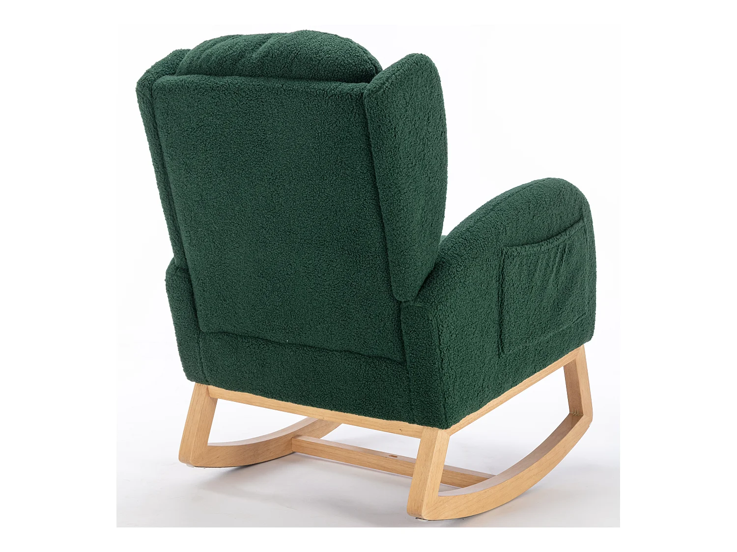 Rocking chair en tissu Teddy vert avec poches latérales, structure en bois, 96,5 x 71 x 101 cm