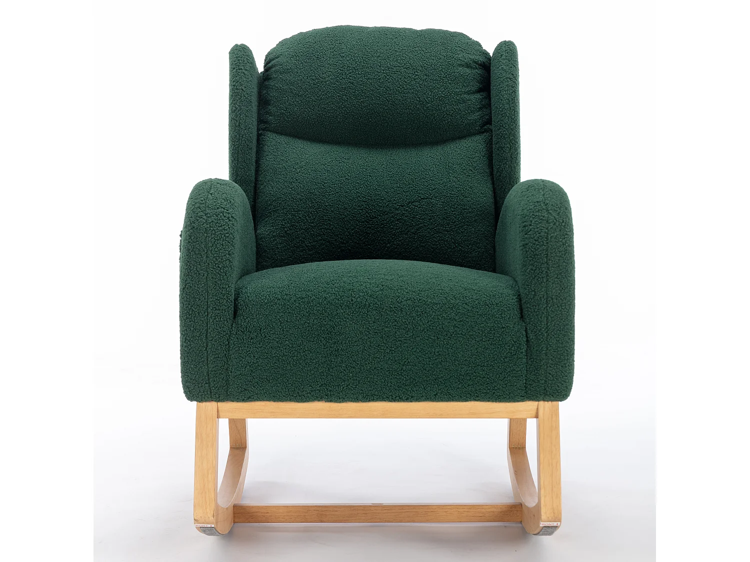 Rocking chair en tissu Teddy vert avec poches latérales, structure en bois, 96,5 x 71 x 101 cm