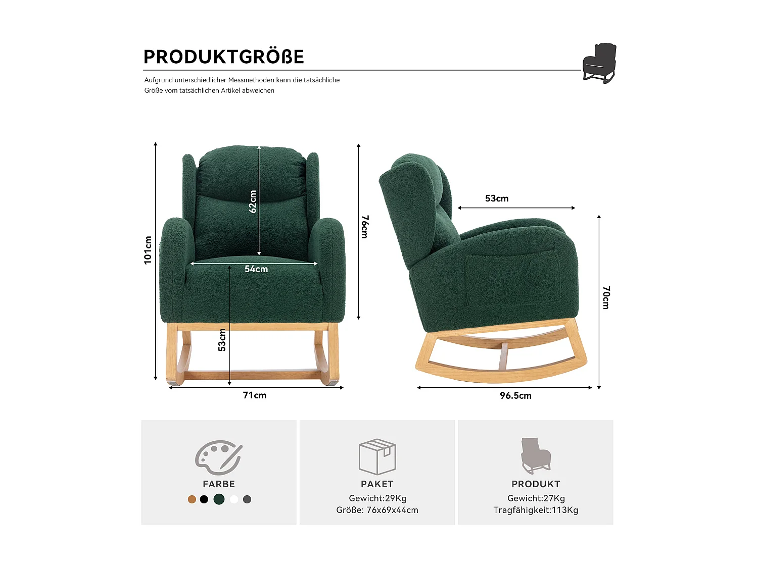 Rocking chair en tissu Teddy vert avec poches latérales, structure en bois, 96,5 x 71 x 101 cm