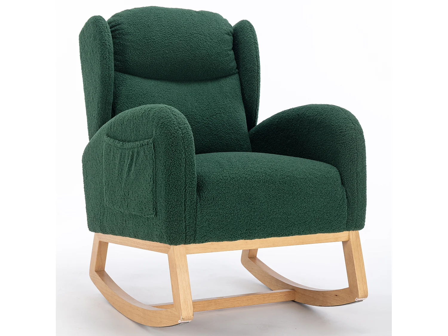 Rocking chair en tissu Teddy vert avec poches latérales, structure en bois, 96,5 x 71 x 101 cm