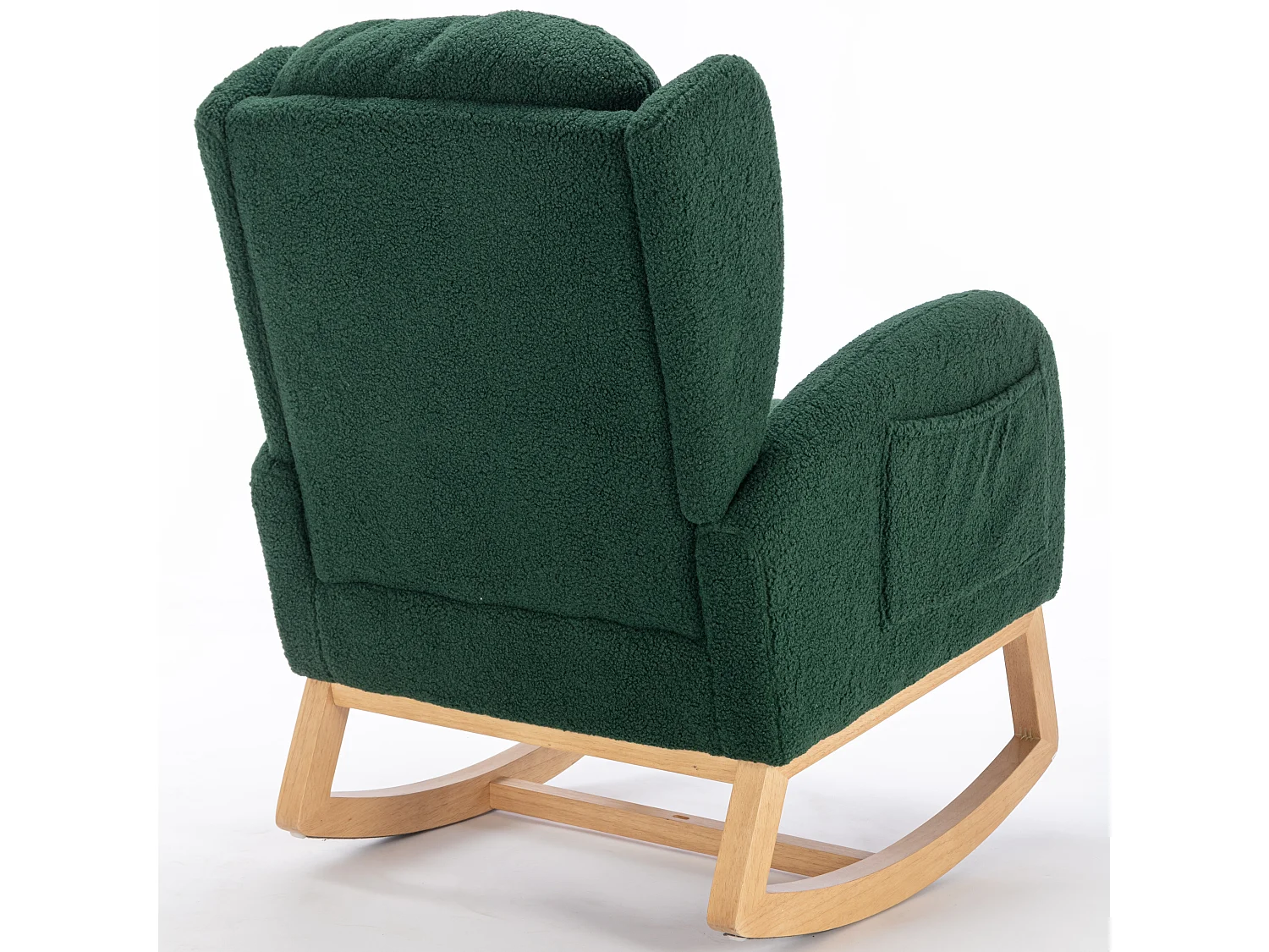 Rocking chair en tissu Teddy vert avec poches latérales, structure en bois, 96,5 x 71 x 101 cm
