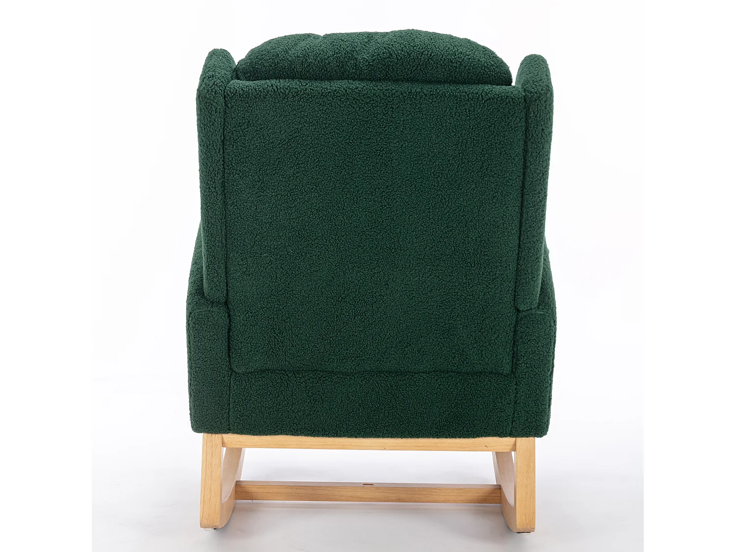 Rocking chair en tissu Teddy vert avec poches latérales, structure en bois, 96,5 x 71 x 101 cm