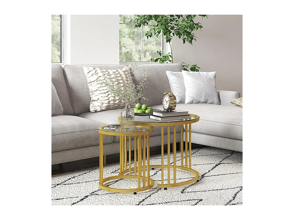 Lot de 2 tables basses gigognes rondes 60/40 cm plateau verre trempé et pied en acier au carbone ，doré