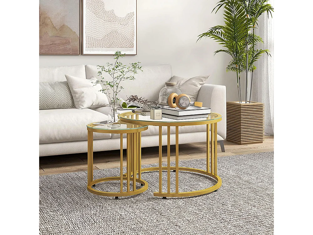 Lot de 2 tables basses gigognes rondes 60/40 cm plateau verre trempé et pied en acier au carbone ，doré