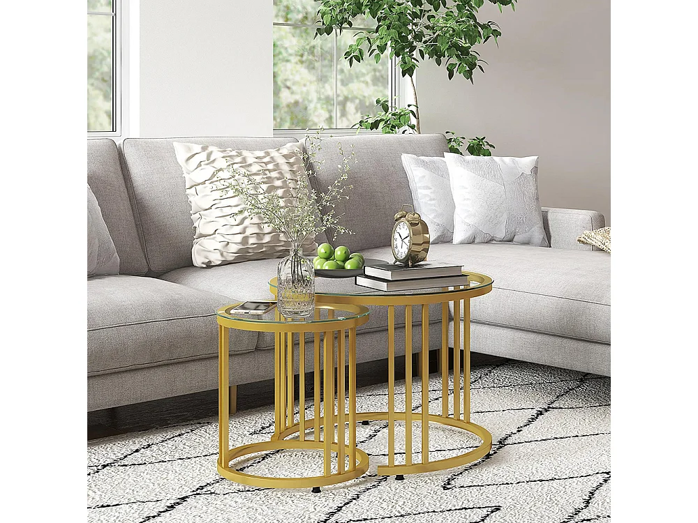 Lot de 2 tables basses gigognes rondes 60/40 cm plateau verre trempé et pied en acier au carbone ，doré