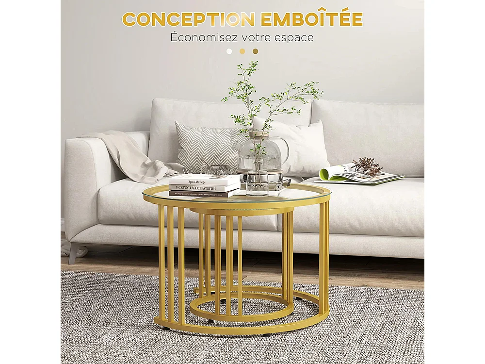 Lot de 2 tables basses gigognes rondes 60/40 cm plateau verre trempé et pied en acier au carbone ，doré