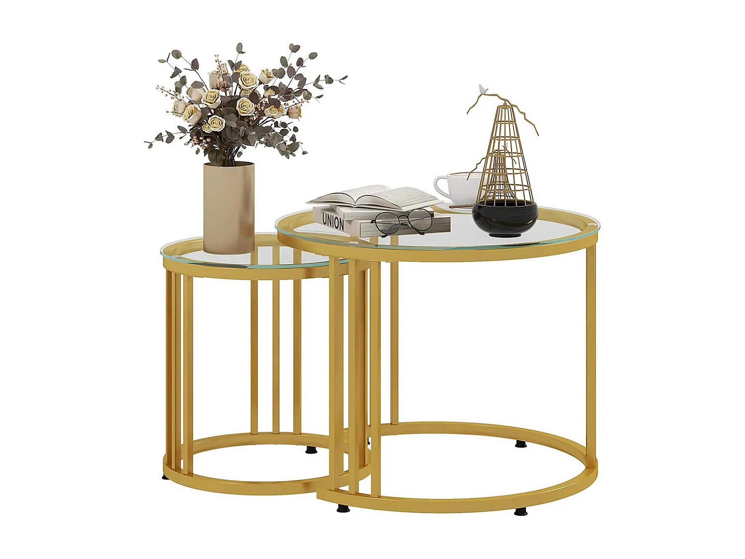 Lot de 2 tables basses gigognes rondes 60/40 cm plateau verre trempé et pied en acier au carbone ，doré