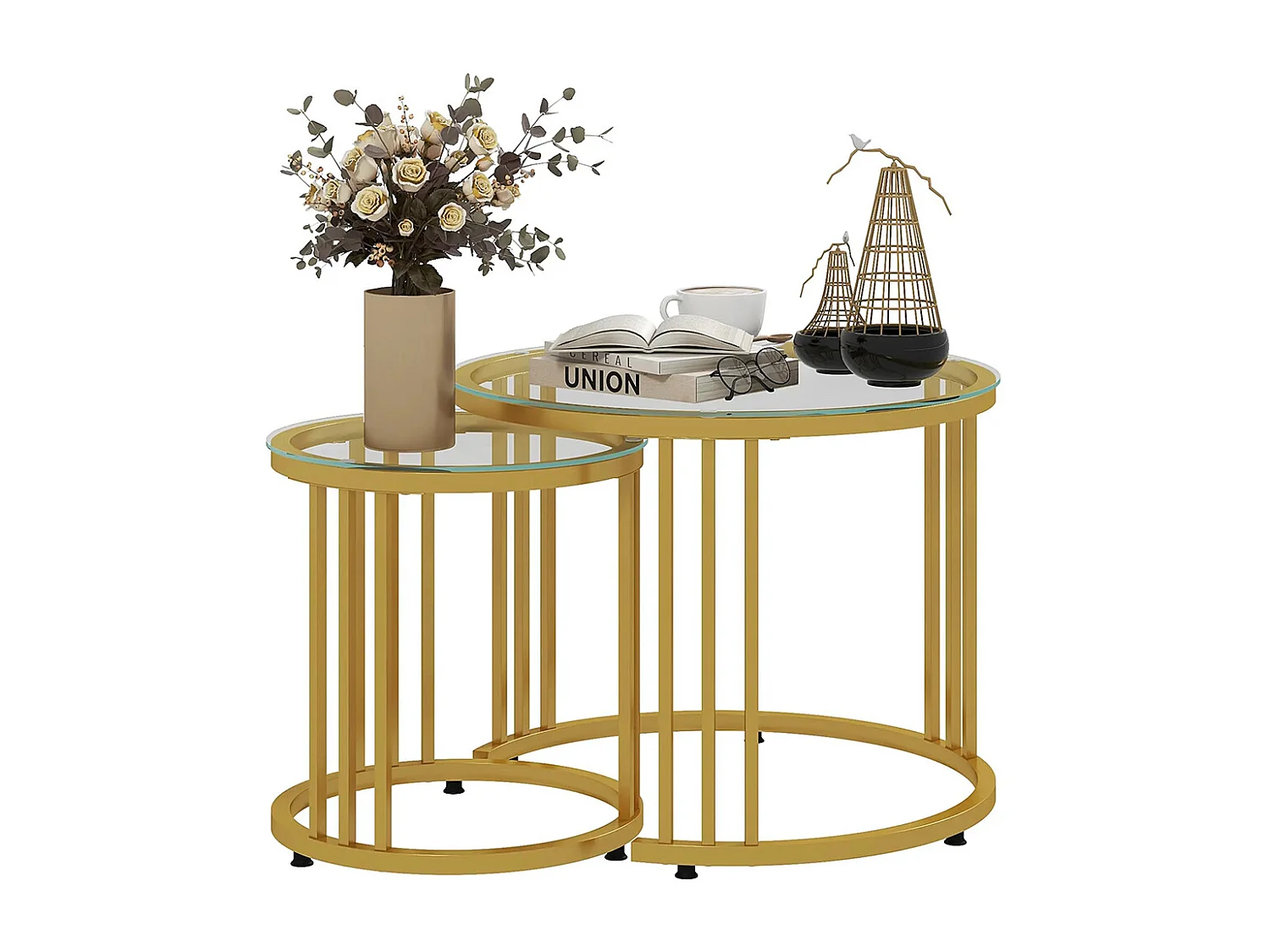 Lot de 2 tables basses gigognes rondes 60/40 cm plateau verre trempé et pied en acier au carbone ，doré