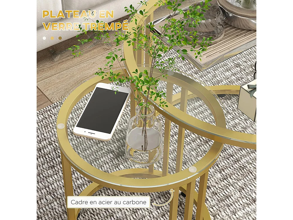 Lot de 2 tables basses gigognes rondes 60/40 cm plateau verre trempé et pied en acier au carbone ，doré