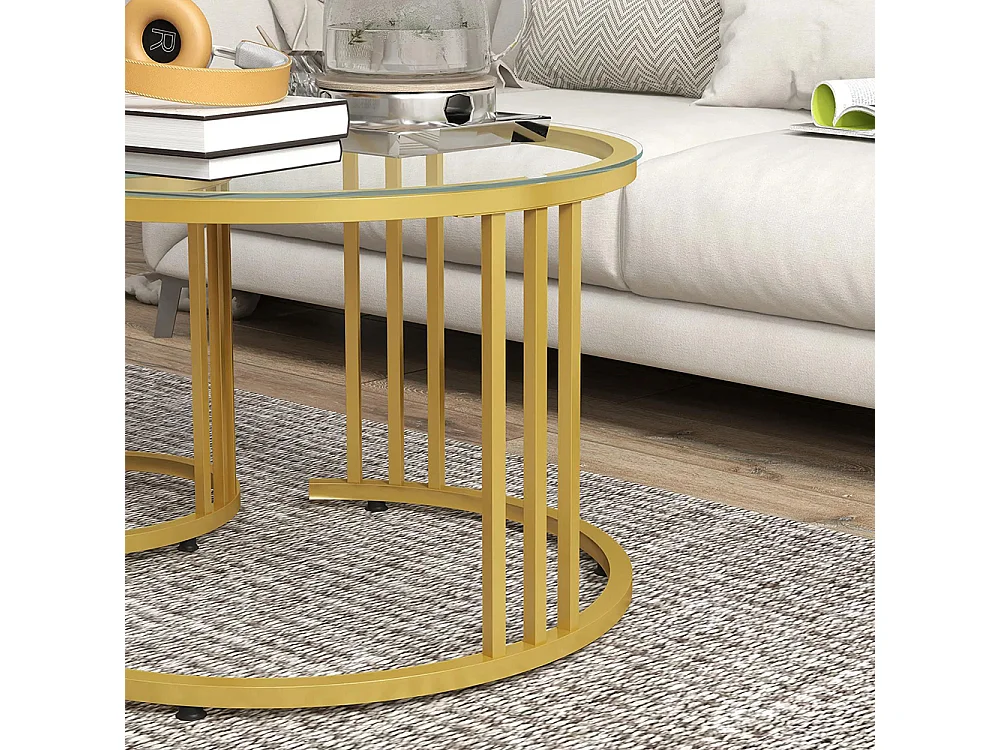 Lot de 2 tables basses gigognes rondes 60/40 cm plateau verre trempé et pied en acier au carbone ，doré