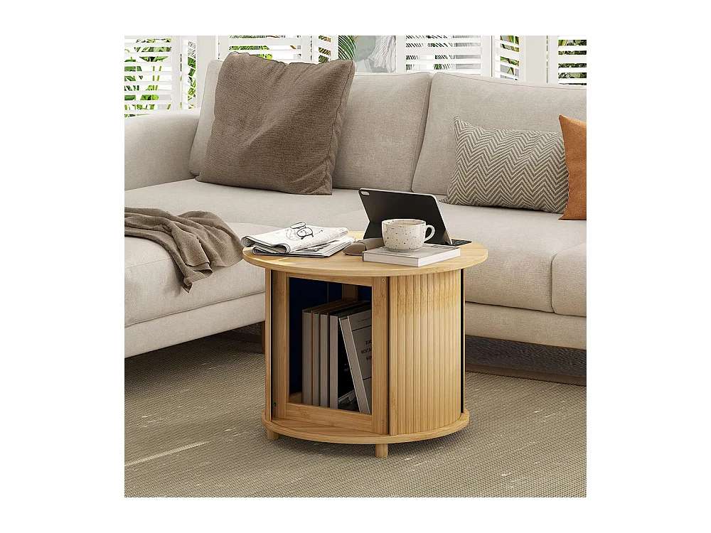 Table basse ronde table de salon en bambou avec rangement caché et porte coulissante, 60 x 45cm, bois naturel