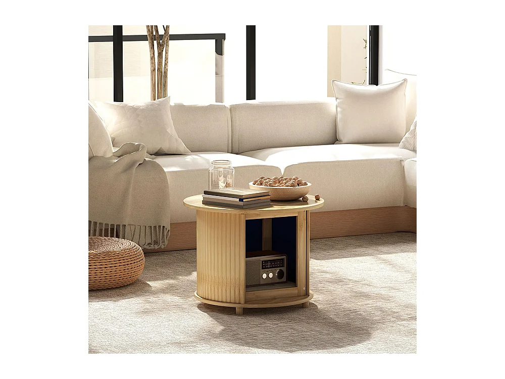 Table basse ronde table de salon en bambou avec rangement caché et porte coulissante, 60 x 45cm, bois naturel