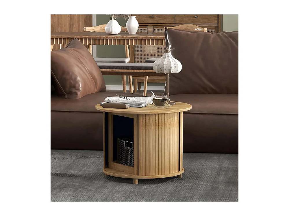Table basse ronde table de salon en bambou avec rangement caché et porte coulissante, 60 x 45cm, bois naturel