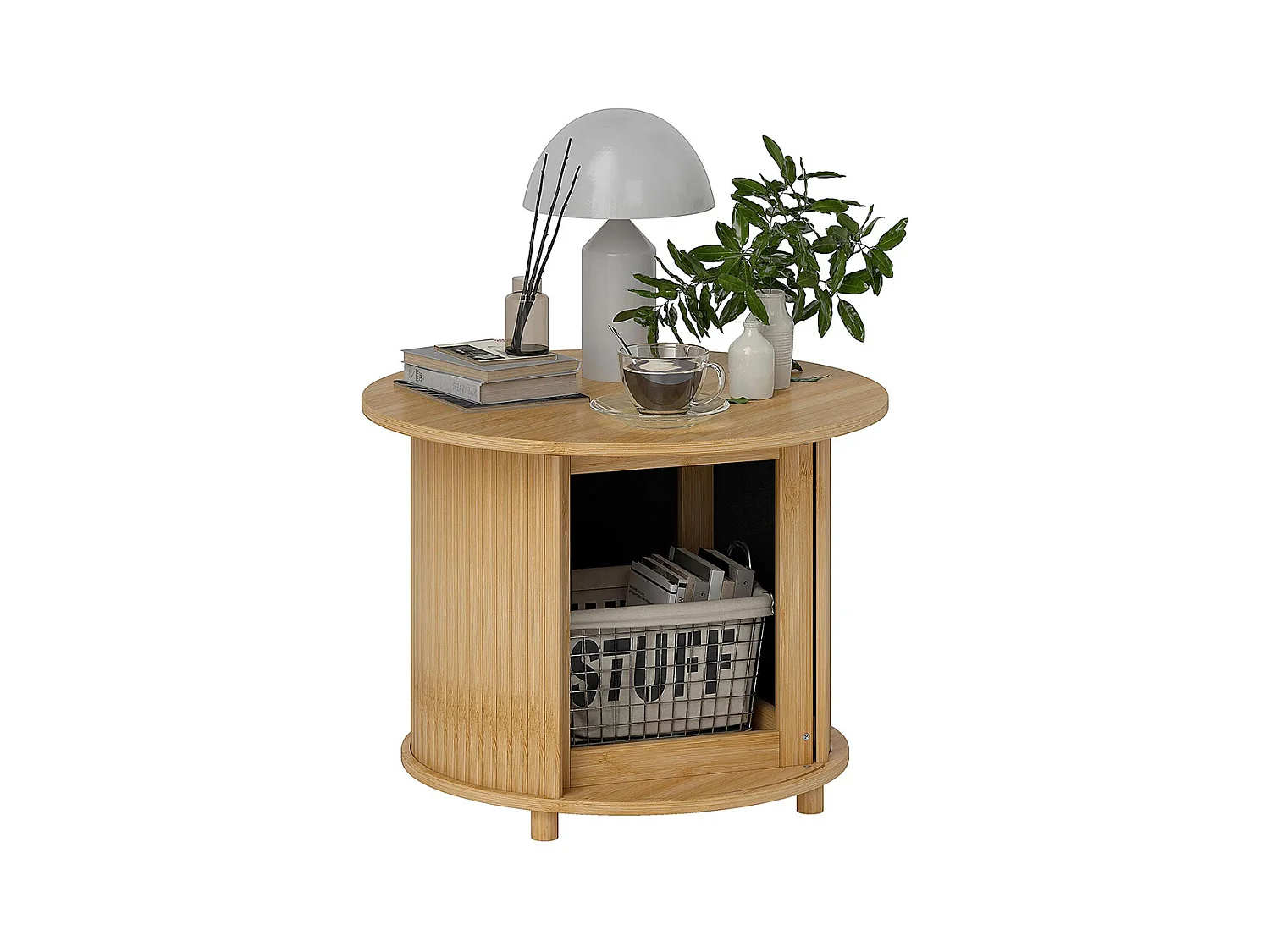 Table basse ronde table de salon en bambou avec rangement caché et porte coulissante, 60 x 45cm, bois naturel