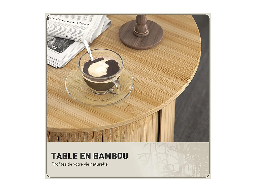 Table basse ronde table de salon en bambou avec rangement caché et porte coulissante, 60 x 45cm, bois naturel
