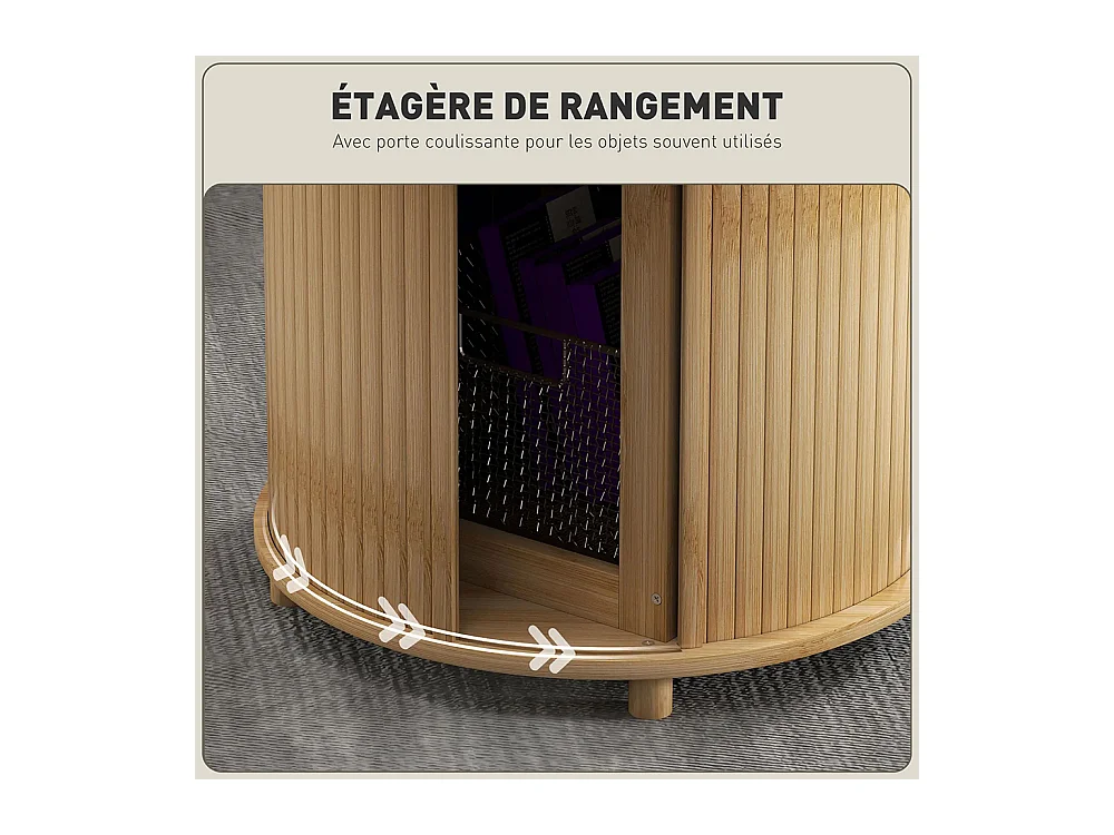 Table basse ronde table de salon en bambou avec rangement caché et porte coulissante, 60 x 45cm, bois naturel