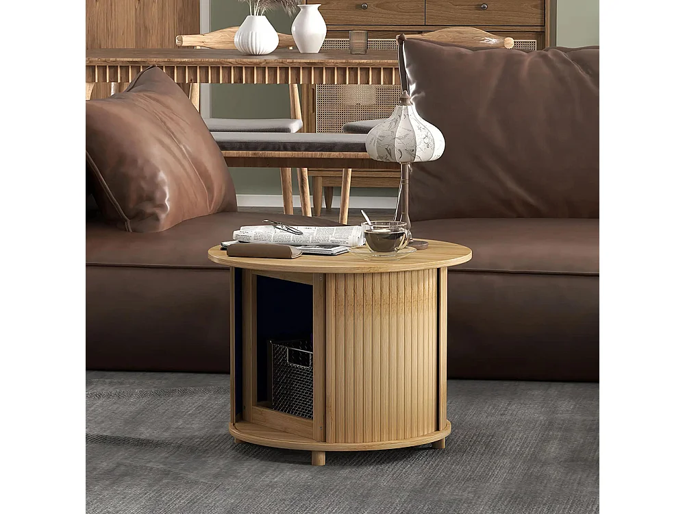 Table basse ronde table de salon en bambou avec rangement caché et porte coulissante, 60 x 45cm, bois naturel
