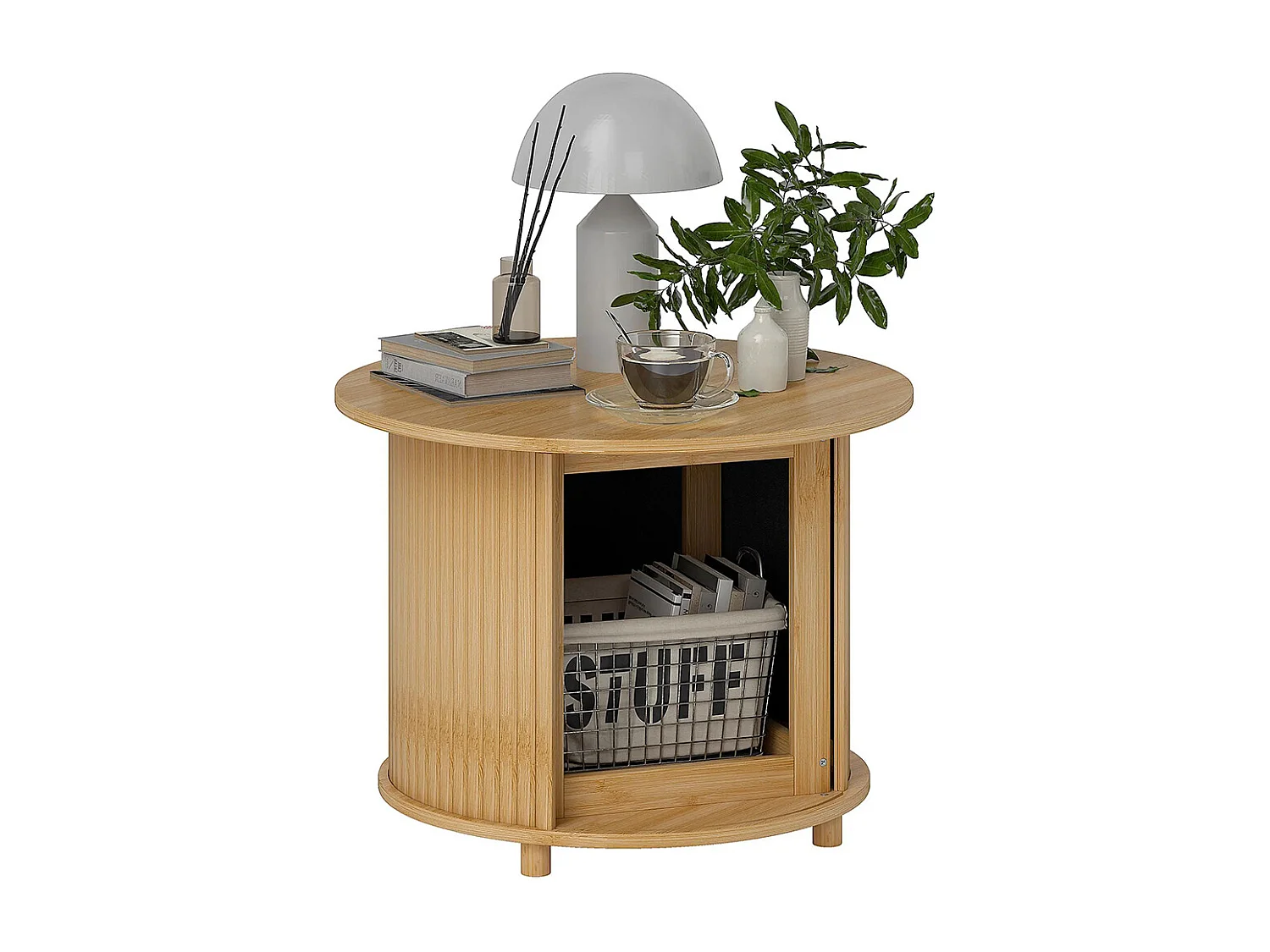 Table basse ronde table de salon en bambou avec rangement caché et porte coulissante, 60 x 45cm, bois naturel