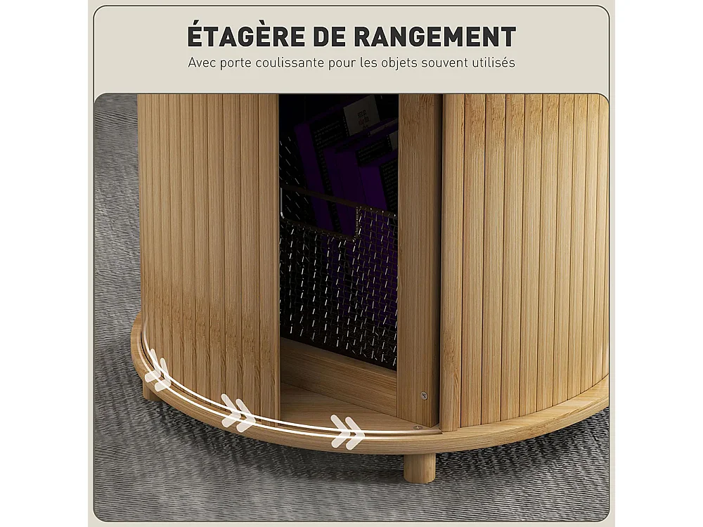 Table basse ronde table de salon en bambou avec rangement caché et porte coulissante, 60 x 45cm, bois naturel