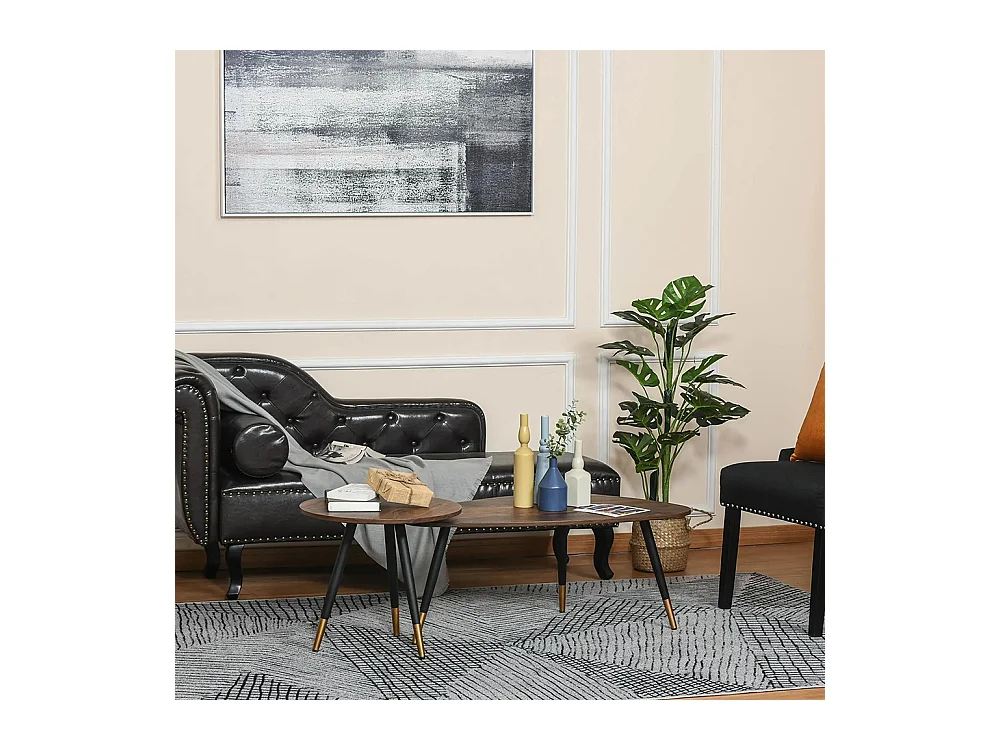 Lot de 2 Tables Basses gigognes Style Art déco Pieds effilés inclinés métal Noir extrémités doré Plateaux MDF Aspect Teck foncé