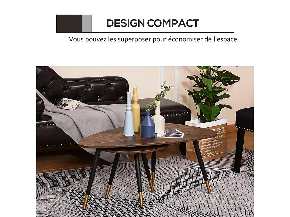 Lot de 2 Tables Basses gigognes Style Art déco Pieds effilés inclinés métal Noir extrémités doré Plateaux MDF Aspect Teck foncé