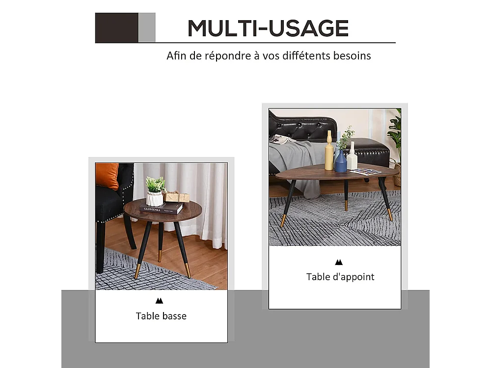 Lot de 2 Tables Basses gigognes Style Art déco Pieds effilés inclinés métal Noir extrémités doré Plateaux MDF Aspect Teck foncé