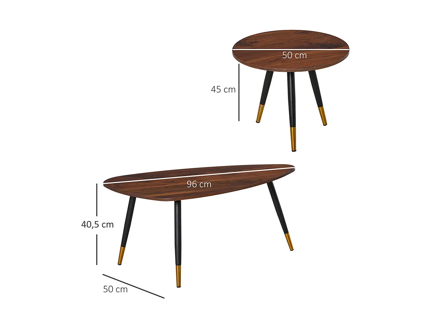 Lot de 2 Tables Basses gigognes Style Art déco Pieds effilés inclinés métal Noir extrémités doré Plateaux MDF Aspect Teck foncé