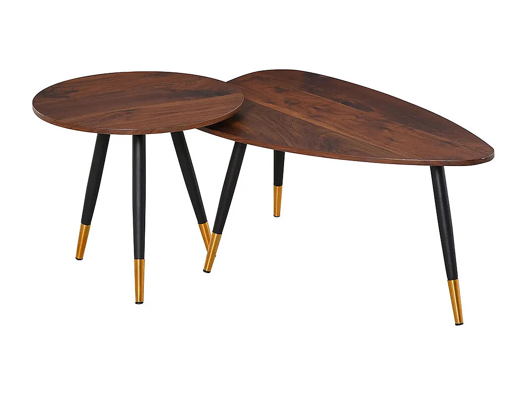 Lot de 2 Tables Basses gigognes Style Art déco Pieds effilés inclinés métal Noir extrémités doré Plateaux MDF Aspect Teck foncé