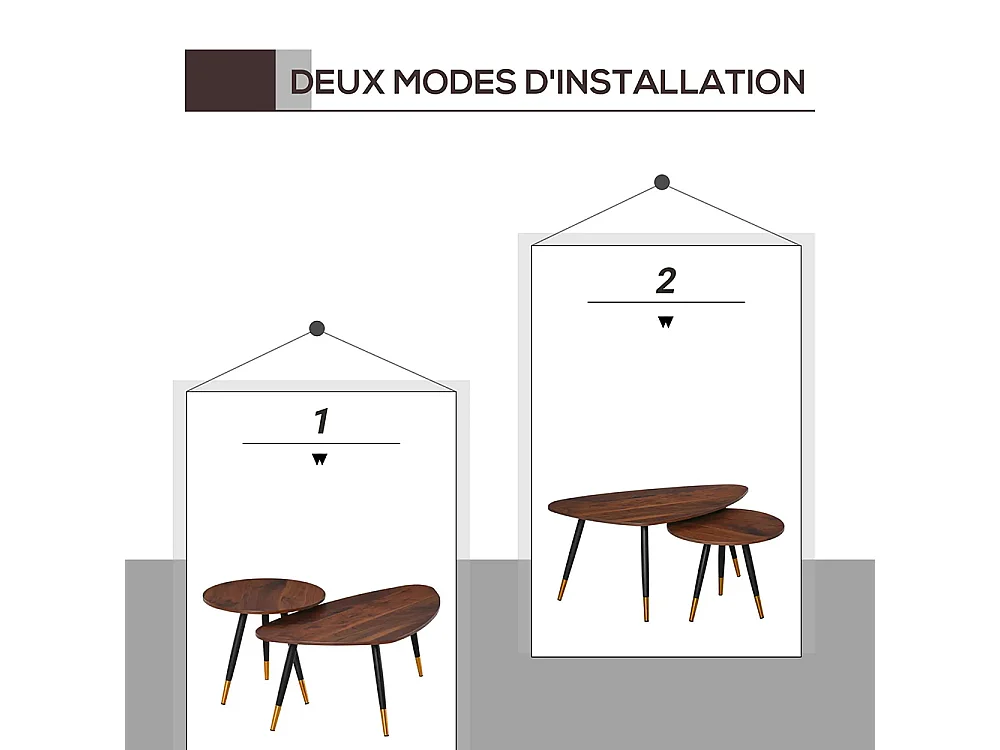 Lot de 2 Tables Basses gigognes Style Art déco Pieds effilés inclinés métal Noir extrémités doré Plateaux MDF Aspect Teck foncé