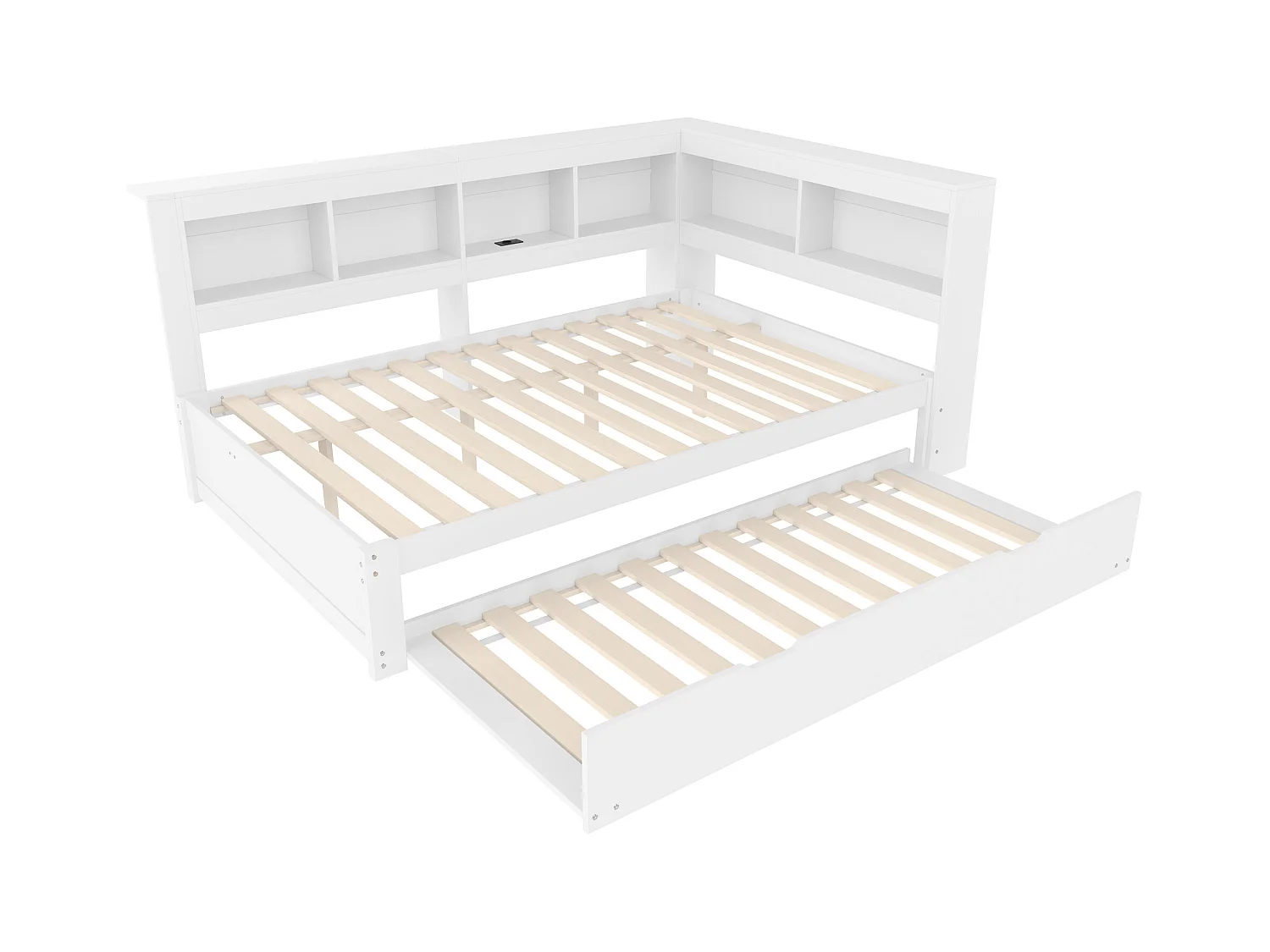 Witte slaapbank 140x200cm met uitschuifbed 90x190cm, stopcontact en 2 USB-poorten, opbergruimte (zonder matras)