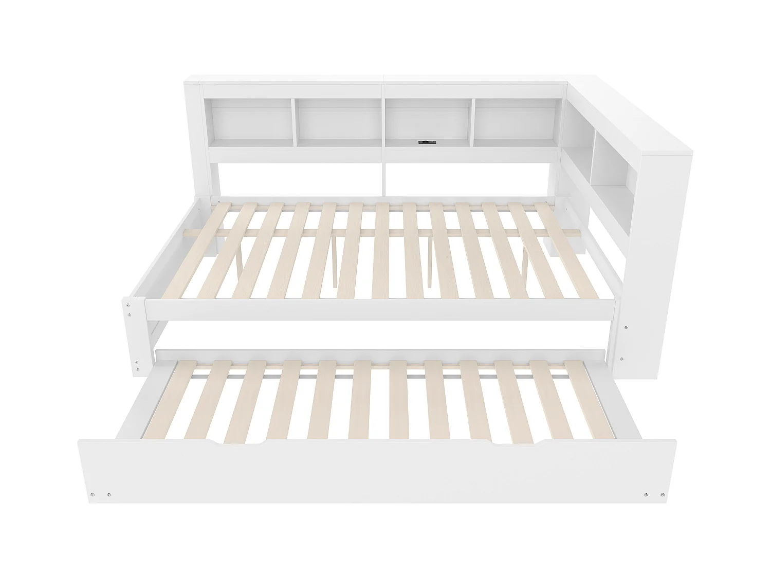 Witte slaapbank 140x200cm met uitschuifbed 90x190cm, stopcontact en 2 USB-poorten, opbergruimte (zonder matras)