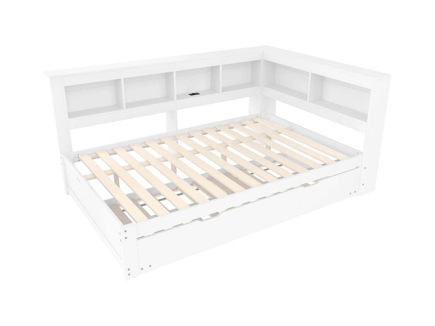Witte slaapbank 140x200cm met uitschuifbed 90x190cm, stopcontact en 2 USB-poorten, opbergruimte (zonder matras)