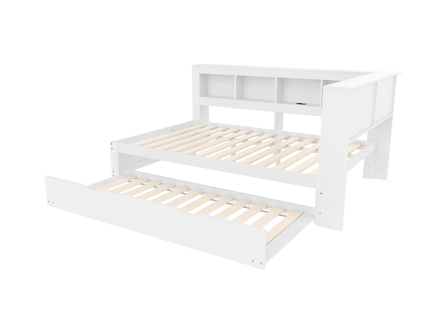 Witte slaapbank 140x200cm met uitschuifbed 90x190cm, stopcontact en 2 USB-poorten, opbergruimte (zonder matras)