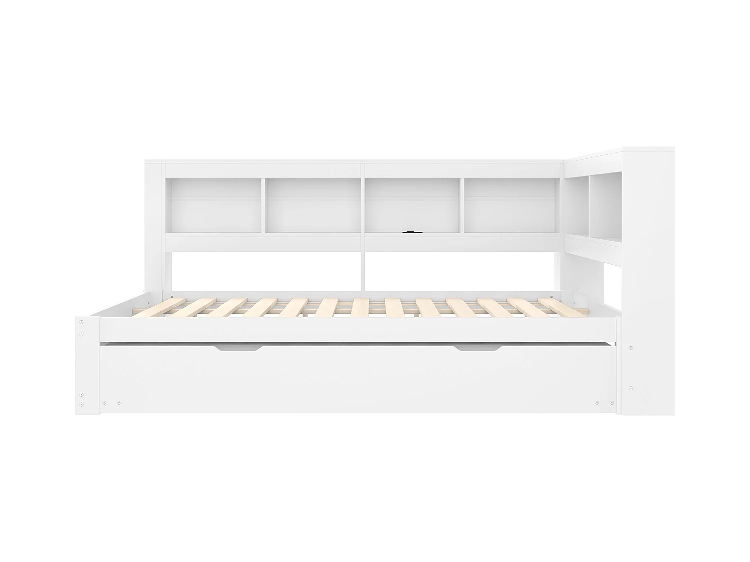 Witte slaapbank 140x200cm met uitschuifbed 90x190cm, stopcontact en 2 USB-poorten, opbergruimte (zonder matras)