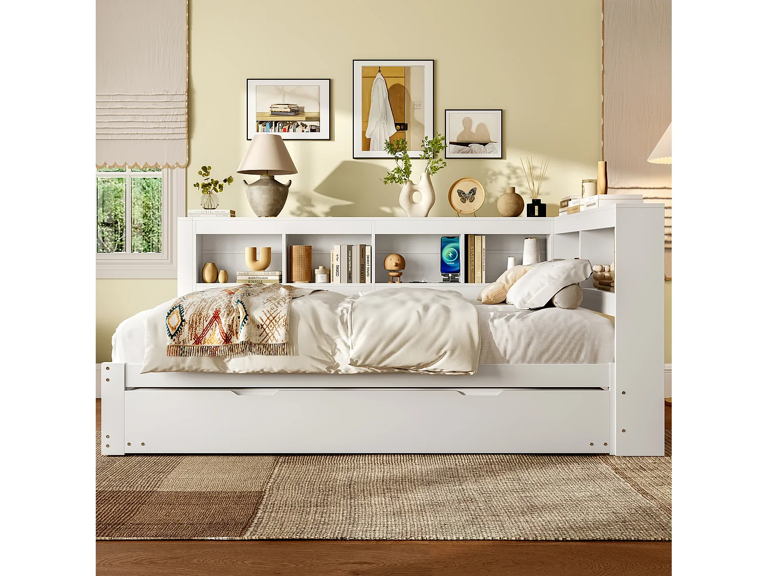 Lit banquette blanc 140x200cm avec lit gigogne 90x190cm, prise de courant et 2 ports USB, rangement (sans matelas)