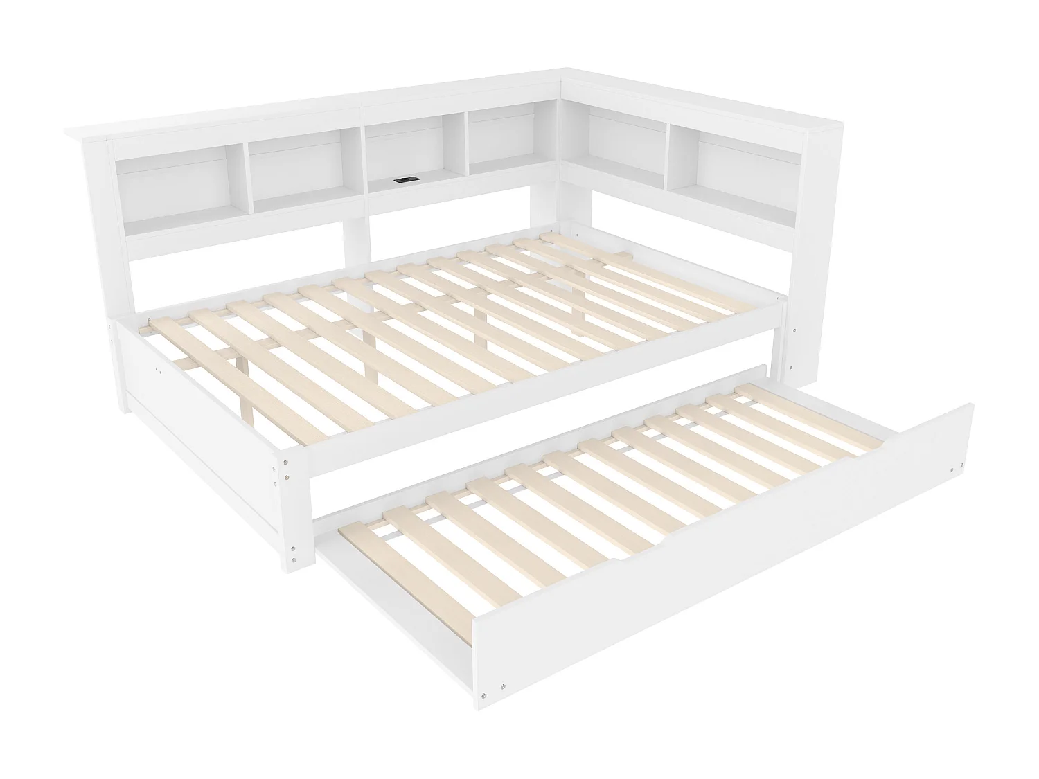 Lit banquette blanc 140x200cm avec lit gigogne 90x190cm, prise de courant et 2 ports USB, rangement (sans matelas)