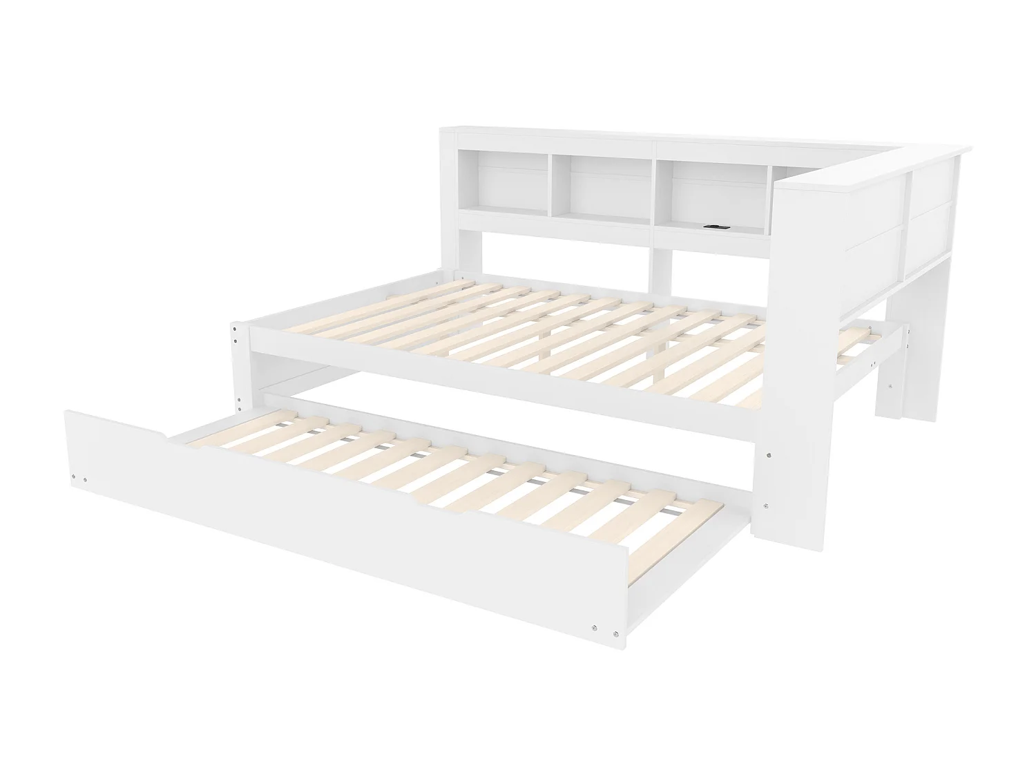 Lit banquette blanc 140x200cm avec lit gigogne 90x190cm, prise de courant et 2 ports USB, rangement (sans matelas)