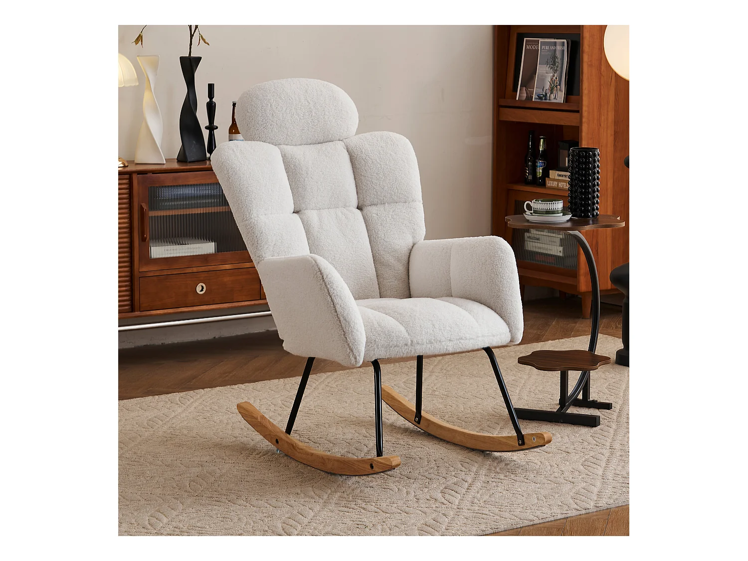 Rocking chair en tissu Teddy blanc avec appui-tête, structure en métal noir 102x70x107cm