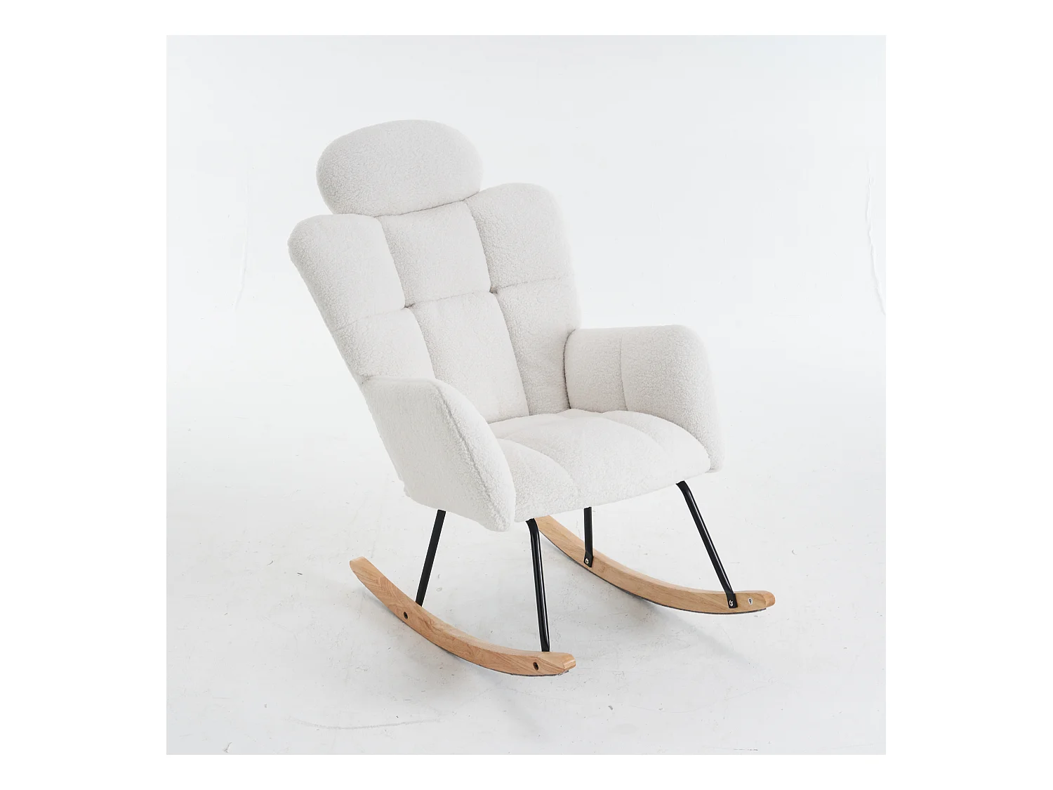 Rocking chair en tissu Teddy blanc avec appui-tête, structure en métal noir 102x70x107cm
