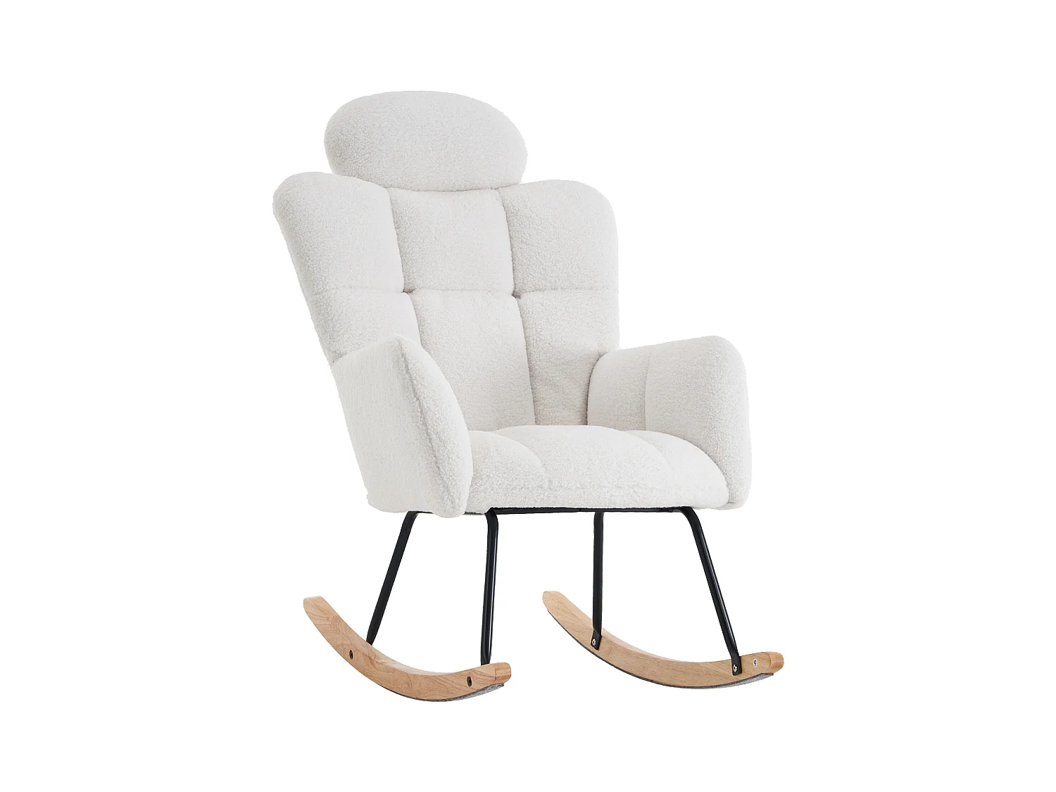 Rocking chair en tissu Teddy blanc avec appui-tête, structure en métal noir 102x70x107cm