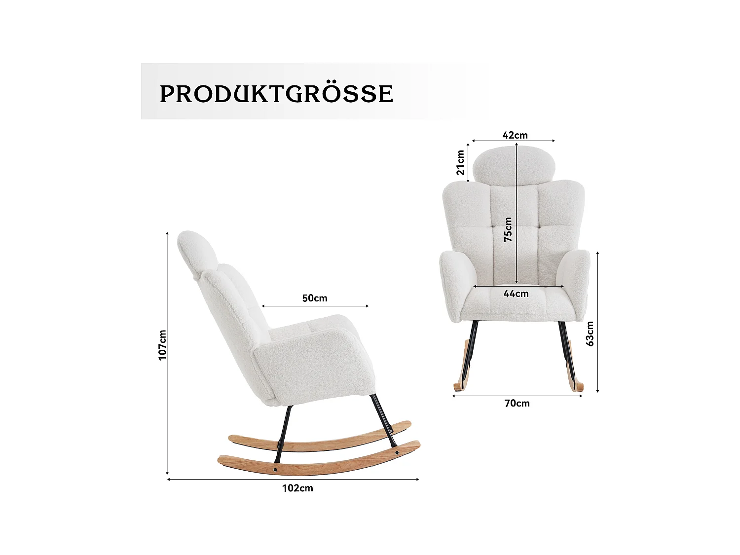 Schommelstoel in witte Teddy stof met hoofdsteun, zwart metalen frame 102x70x107cm