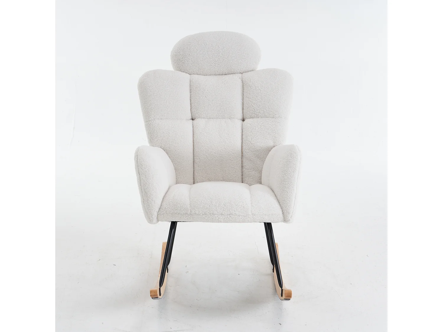 Rocking chair en tissu Teddy blanc avec appui-tête, structure en métal noir 102x70x107cm