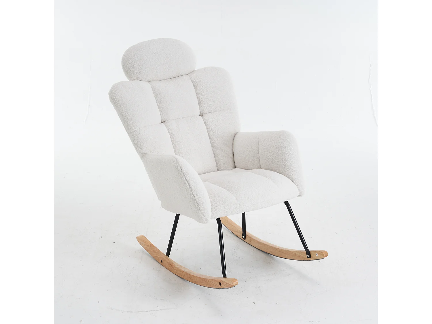 Rocking chair en tissu Teddy blanc avec appui-tête, structure en métal noir 102x70x107cm