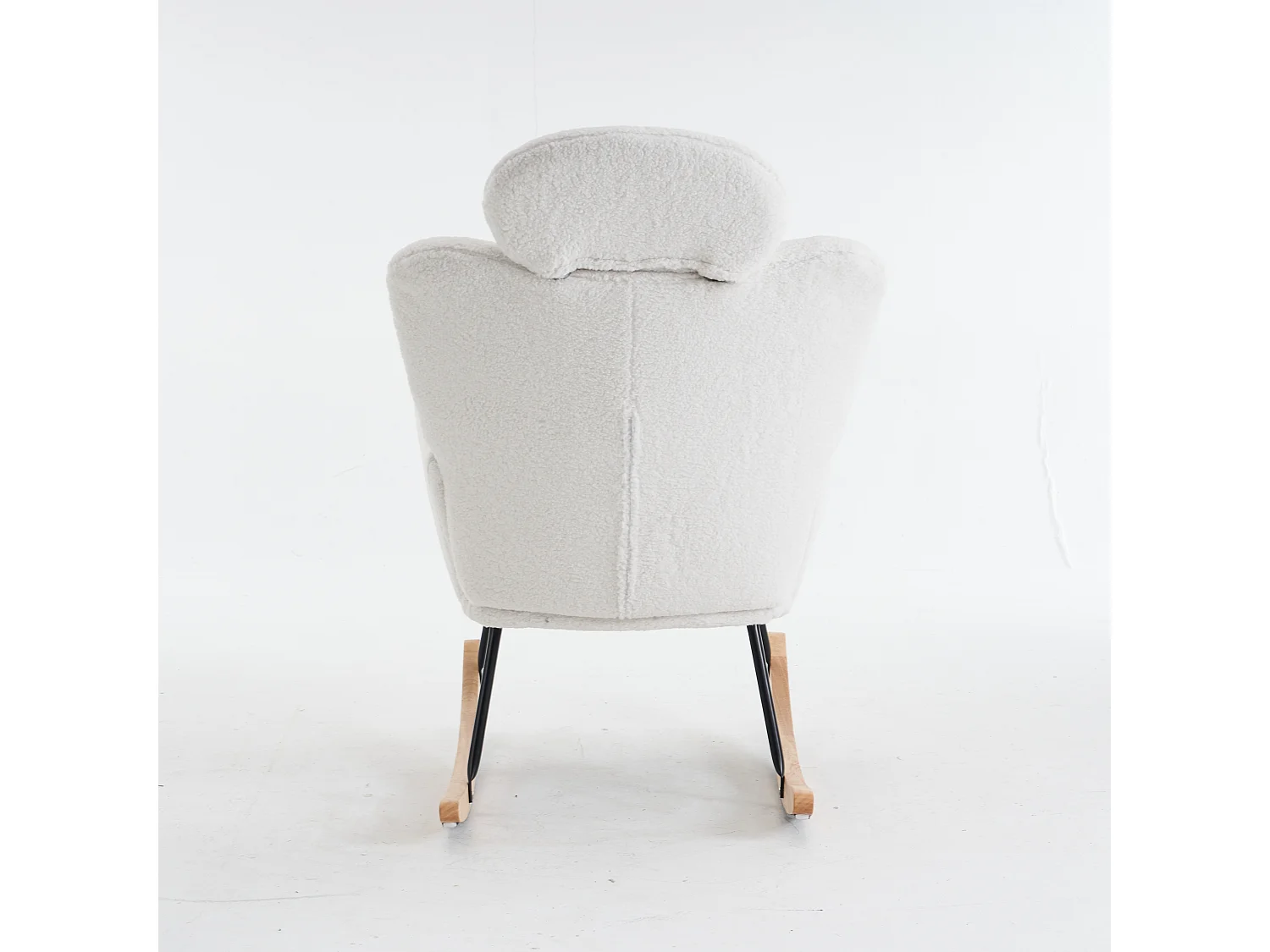 Rocking chair en tissu Teddy blanc avec appui-tête, structure en métal noir 102x70x107cm
