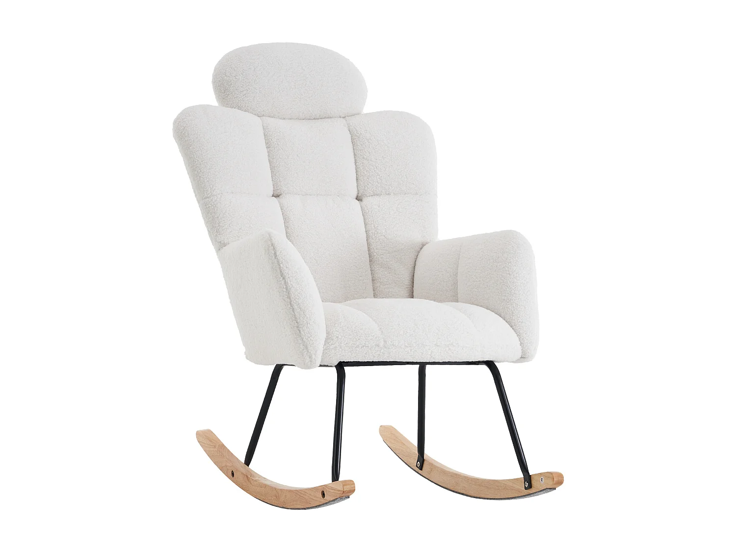 Rocking chair en tissu Teddy blanc avec appui-tête, structure en métal noir 102x70x107cm