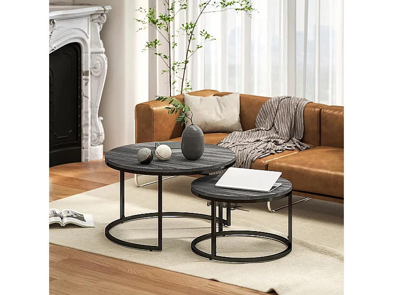 Lot de 2 tables basses gigognes empilable design industriel plateau imitation ciment pieds en métal noir